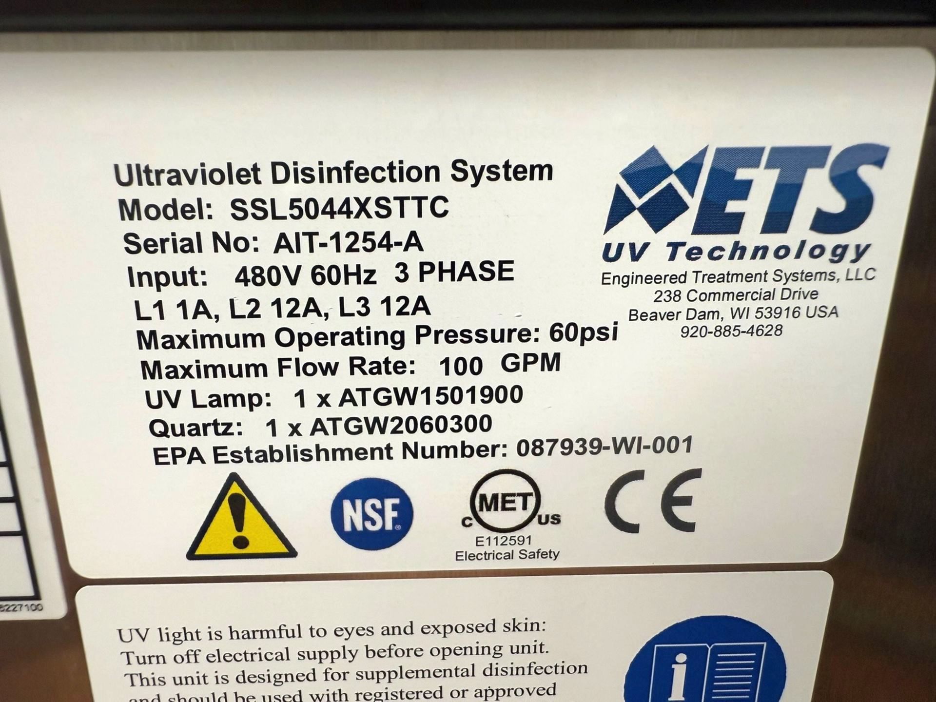 ETS (Evoqua) 100 Gallon Per Minute Ultraviolet Light System - Liquid Sugar - Image 6